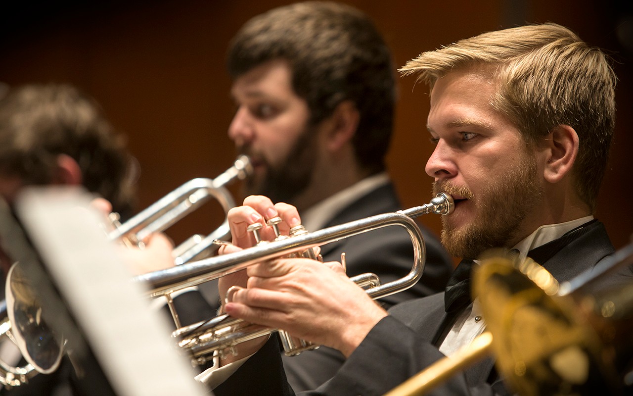Trumpet students perform with the wind ensemble in Corbett Auditorium