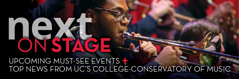 A photo of a CCM Jazz Studies student performances with the "Next On Stage" e-newsletter branding and tagline.